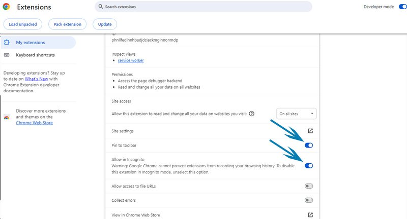Screenshot 6 - Extension details with Pin and Allow in Incognito toggled on