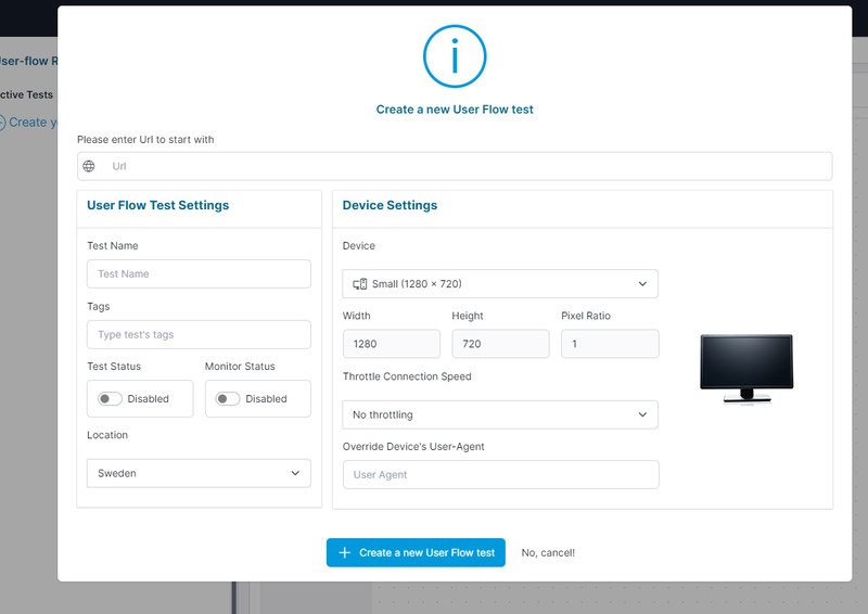 Screenshot 2 - New or Update Test Settings dialog with device, throttling, monitoring, and country