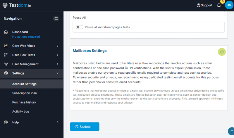 Mailboxes settings screen in Testdom.io Mailboxes settings screen in Testdom.io