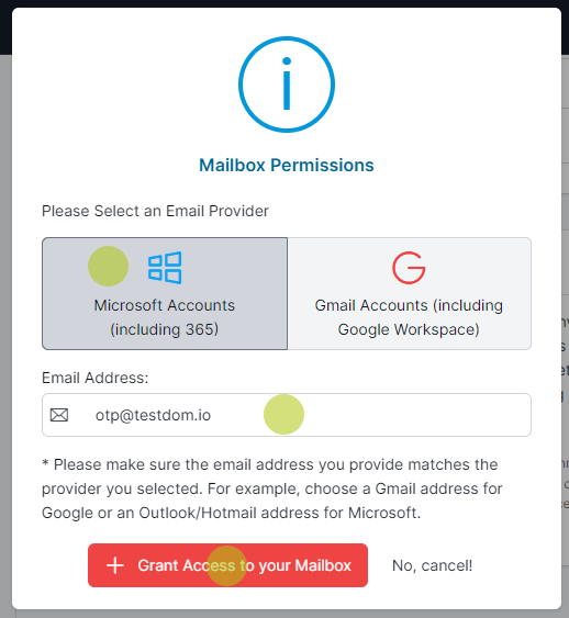 New mailbox popup to choose Microsoft or Gmail, enter email, and grant access