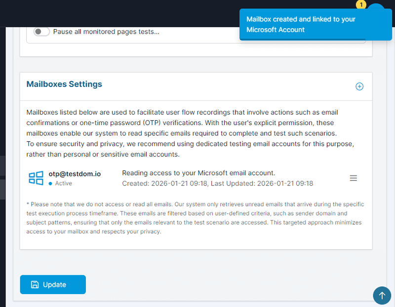 Mailbox created and linked to Microsoft account toast
