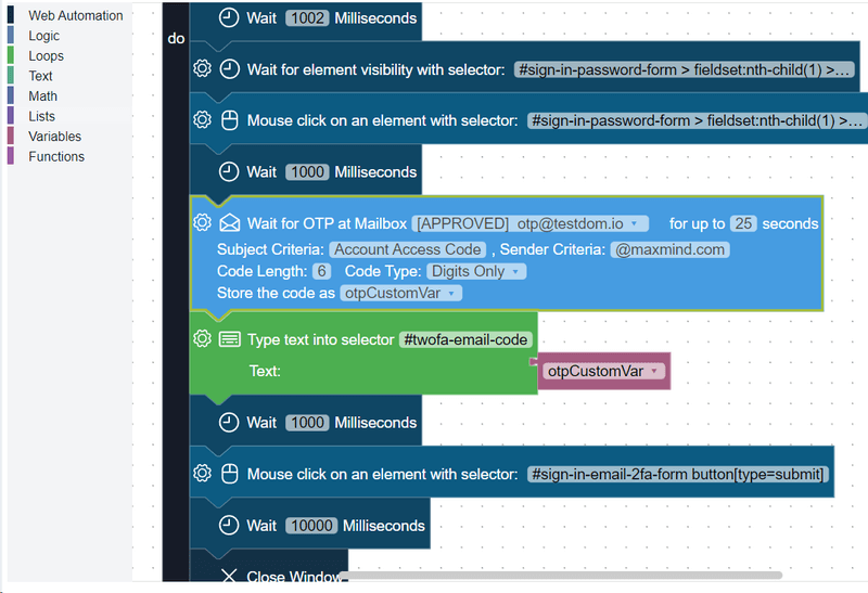 User Flow editor OTP block configured in Testdom.io