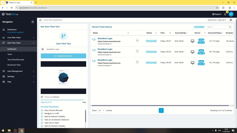 User Flow dashboard showing a test running with live steps progress