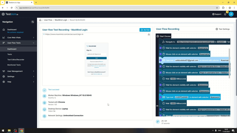 User Flow result page showing video player, success status and recorded steps